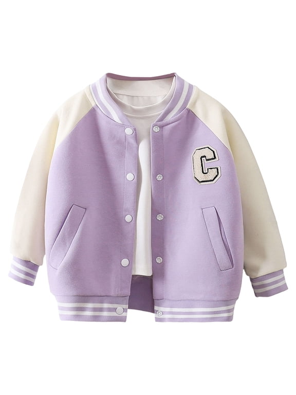 Girls Kids Varsity Jacket Fleece Lightweight Button Down Boomber Jacket with Pockets Size for 2-3 Years,Light Purple