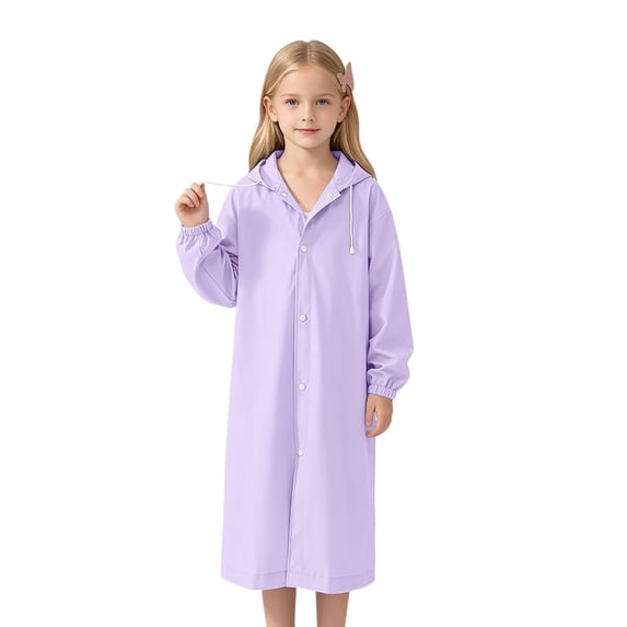 Girls Kids Waterproof Hooded Long Raincoat with Front Buttons for School Travel Daily Casual Rainwear One Size