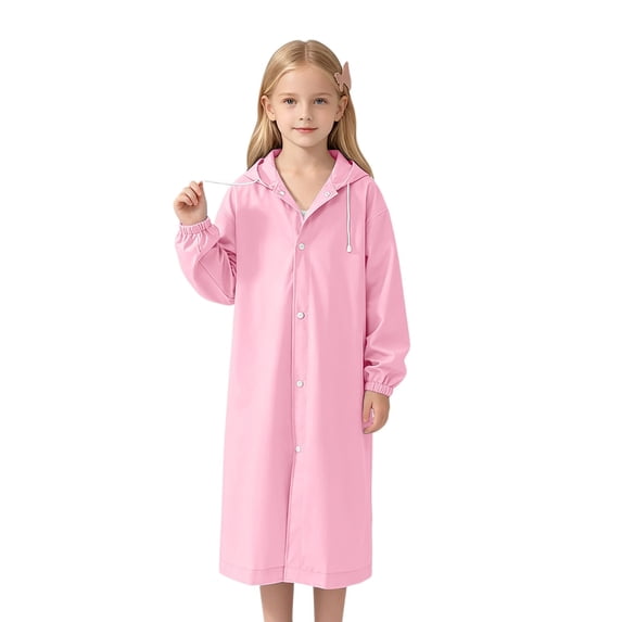 Girls Kids Waterproof Hooded Long Raincoat with Front Buttons for School Travel Daily Casual Rainwear One Size