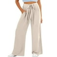thumbnail image 1 of Girls Kids Wide Leg Pants Cotton Linen Solid Color Baggy Pant Casual Elastic Waist Drawstring Lightweight Pocket Pant Beige 140, 1 of 6