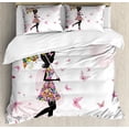thumbnail image 1 of Girls King Size Duvet Cover Set, Girl with Floral Umbrella and Dress Walking with Butterflies Inspirational Art Print, Decorative 3 Piece Bedding Set with 2 Pillow Shams, Pink Black, by Ambesonne, 1 of 3