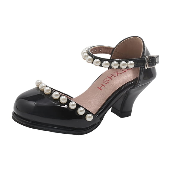 Girls Kitten Heel Mary Jane Shoes Close Toe Leather Dress Shoes Pearl Ankle Strap Wedding Party Princess Shoes Black