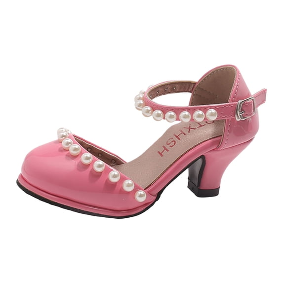 Girls Kitten Heel Mary Jane Shoes Close Toe Leather Dress Shoes Pearl Ankle Strap Wedding Party Princess Shoes Pink