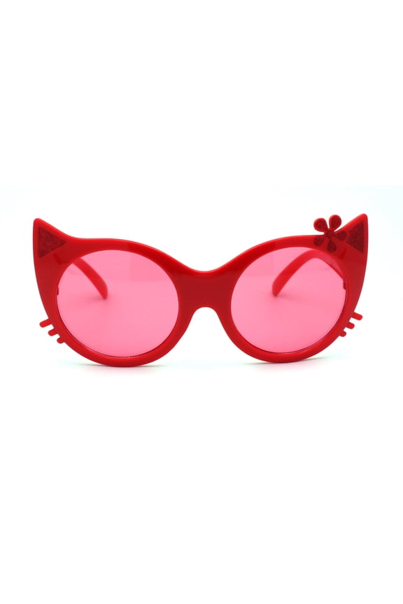 Girls Kitty Cat Ear Whisker Flower Cat Eye Sunglasses All Red