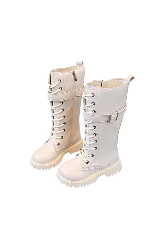 Girls' Knee High Boots Faux PU Leather Lace Up Booties Little Big Girl 2-12 Years Winter Riding Boots (US:12, White-Little Kids|US:12)