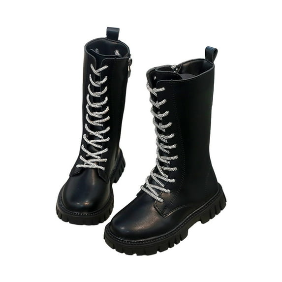 Girls' Knee High Boots Faux PU Leather Lace Up Booties Little Big Girl 2-12 Years Winter Riding Boots (US:2.5, D-Big Kids|US:2.5)