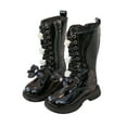 thumbnail image 1 of Girls Knee High Boots Glitter Rhinestone Bowknot Lace up Side Zipper Winter Tall Booties Trendy Leather Chunky Heel Mid Calf Boots Black 3.5 Big Kids, 1 of 6