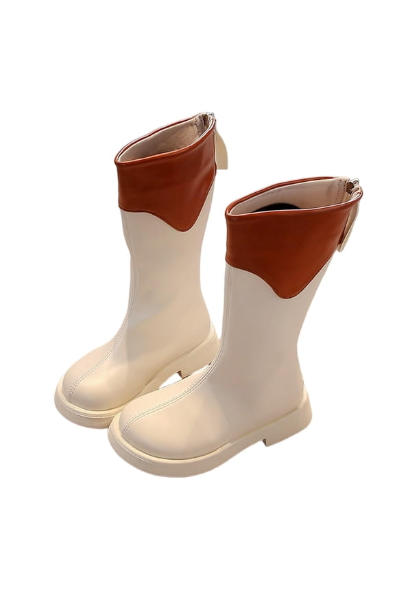 Girls Knee-High Boots Kids Color Block Patchwork Boot Back Zipper Combat Boots Waterproof PU Leather Footwear Platform Sole Boot Winter Anti-Slip Outdoor Booties Western Riding Shoes