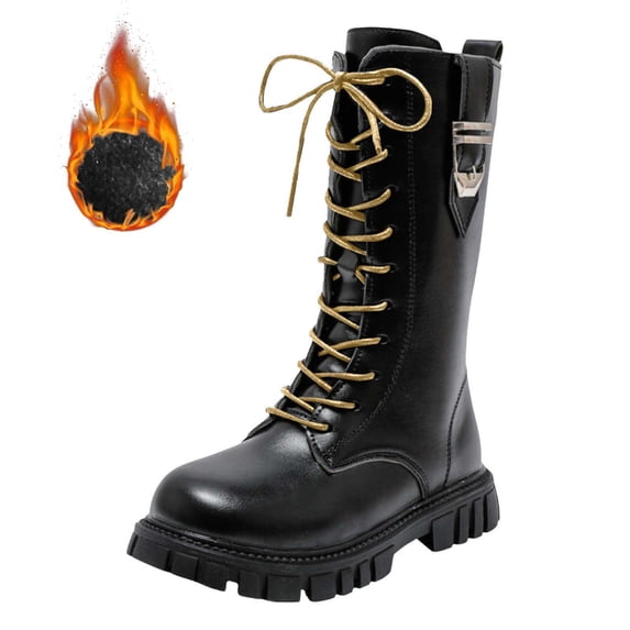 Girls Knee High Boots Lace Up Combat Boots Mid Calf Non Slip Boot Riding Boot PU Leather Side Zipper Punk Goth Shoes Chunky Heels Shoes