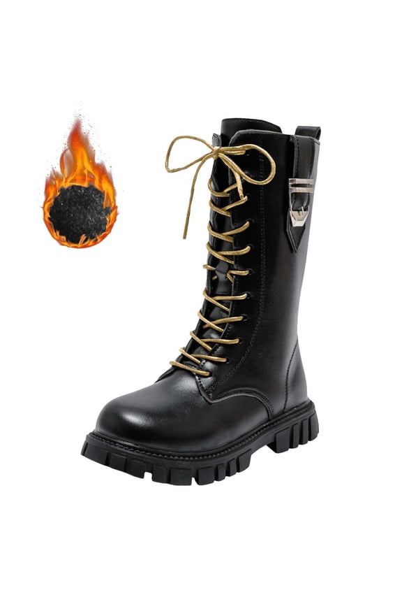 Girls Knee High Boots Lace Up Combat Boots Mid Calf Non Slip Boot Riding Boot PU Leather Side Zipper Punk Goth Shoes Chunky Heels Shoes