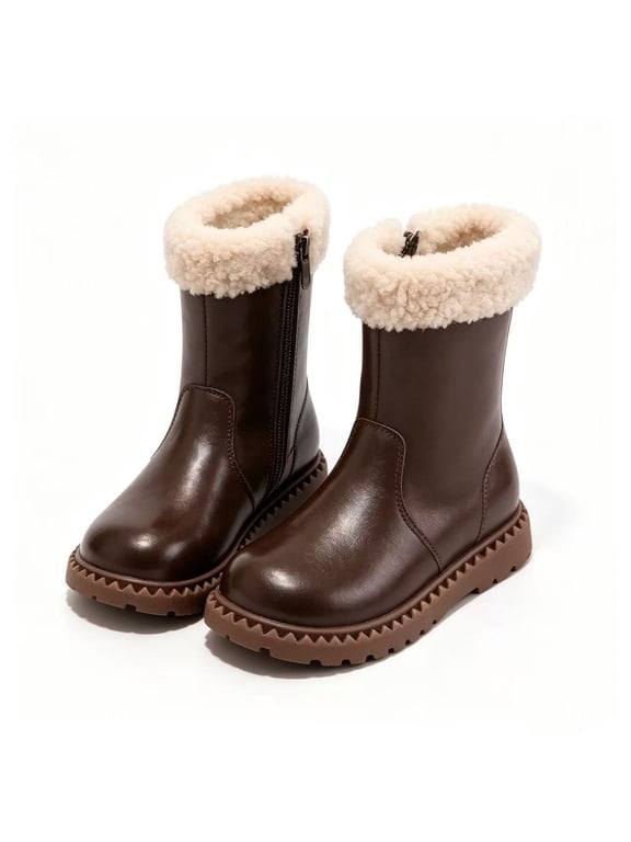 Girls Knee High Boots Leather Snow Bootie Girls Soft Faux Fur Lining Winter Boots with Side Zipper Kids Tall Riding Mid Calf Boots for Little Kid Big Kid