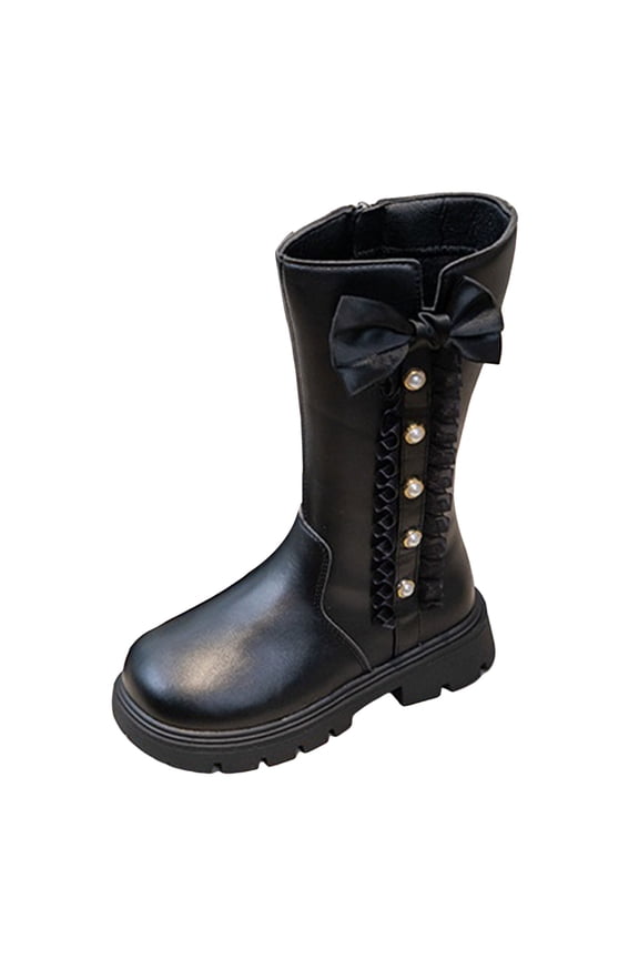 Girls Knee High Boots PU Leather Bowknot Pearl Ruffle Knee Length Riding Booties Thick Sole Princess Shoes
