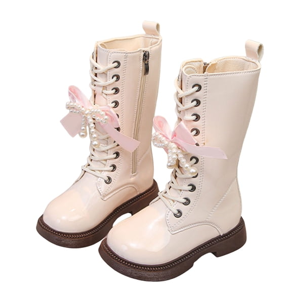 Girls Knee High Boots Sweet Pearl Bow Fashion Leather Lace up Zipper Long Riding Booties AntiSlip Combat Boots White 7 Toddler