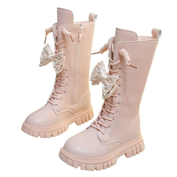 Girls Knee High Boots Sweet Pearl Bowknot Lace up Side Zipper Winter Tall Booties Waterproof Leather Chunky Heel Mid Calf Boots Pink 3 Big Kids
