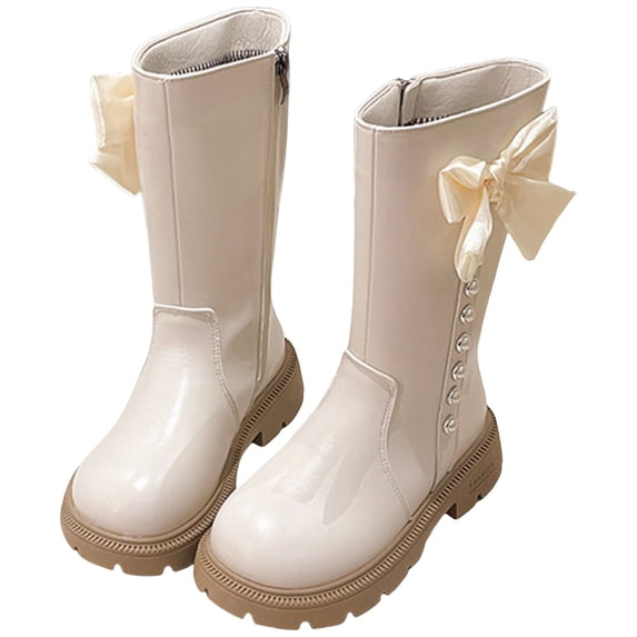 Girls Knee High Boots Sweet Pearl Bowknot Side Zipper Winter Tall Booties Leather Chunky Heel Mid Calf Boots