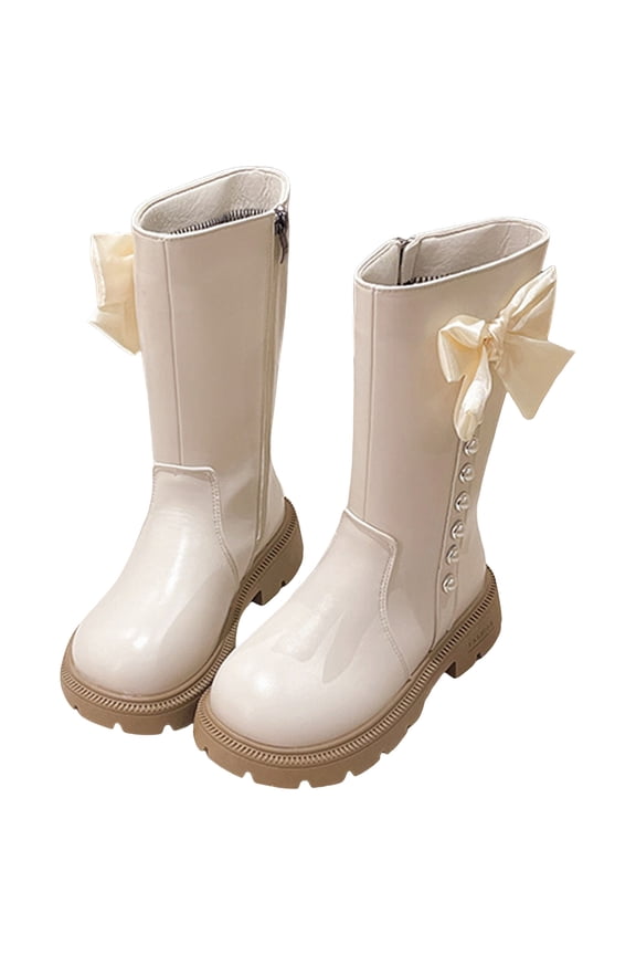 Girls Knee High Boots Sweet Pearl Bowknot Side Zipper Winter Tall Booties Leather Chunky Heel Mid Calf Boots