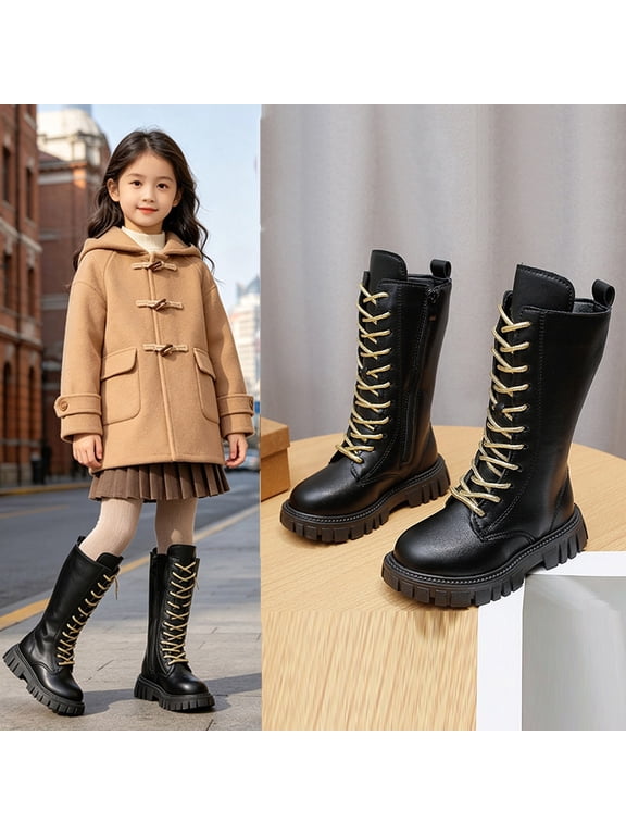 Girls Knee High Boots Winter Fleece Lined Thermal Lug Sole Non Slip ,Trendy Punk Goth Boot for Daily Casual Walking Party Wear Black 10 Little Kids
