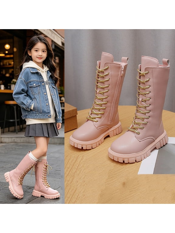 Girls Knee High Boots Winter Fleece Lined Thermal Lug Sole Non Slip ,Trendy Punk Goth Boot for Daily Casual Walking Party Wear Pink 10 Little Kids