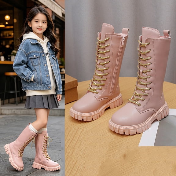 Girls Knee High Boots Winter Fleece Lined Thermal Lug Sole Non Slip ,Trendy Punk Goth Boot for Daily Casual Walking Party Wear Pink 2 Big Kids