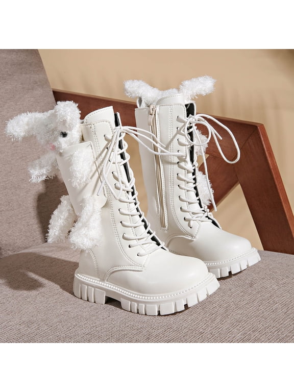 Girls Knee High Boots with Plush Cartoon Accent, Lace-Up Side Zipper Winter Boots, Non- Fashion Boots for Kids 3-12Y