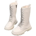 thumbnail image 1 of Girls Knee High Combat Boots Fashion Rhinestone Strappy Waterproof Leather Platform Chunky Heel Mid Calf Long Boots Beige 12.5 Little Kids, 1 of 5