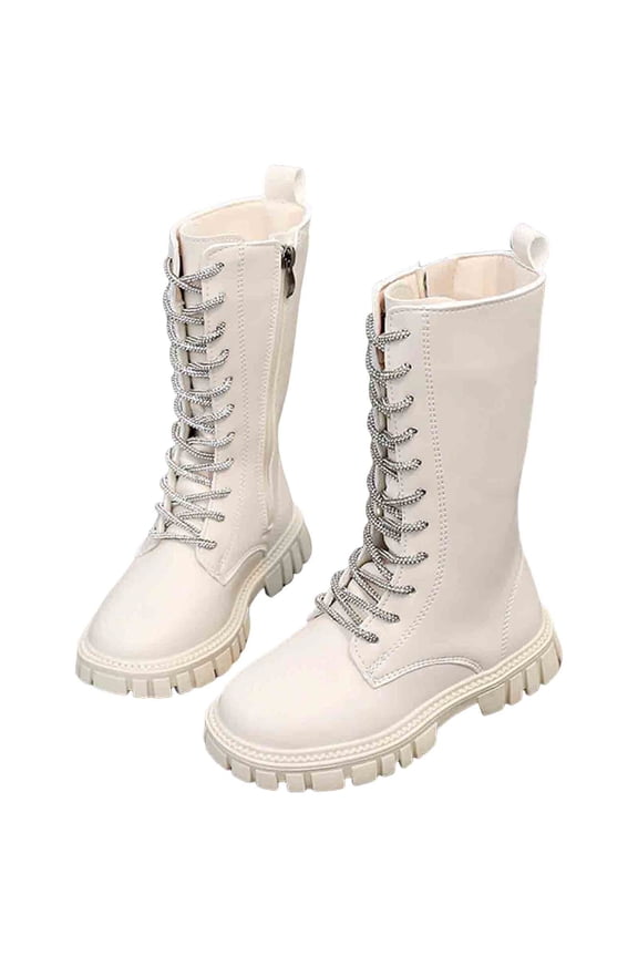Girls Knee High Combat Boots Fashion Rhinestone Strappy Waterproof Leather Platform Chunky Heel Mid Calf Long Boots Beige 12.5 Little Kids