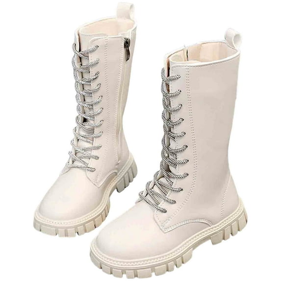 Girls Knee High Combat Boots Fashion Rhinestone Strappy Waterproof Leather Platform Chunky Heel Mid Calf Long Boots Beige 12.5 Little Kids