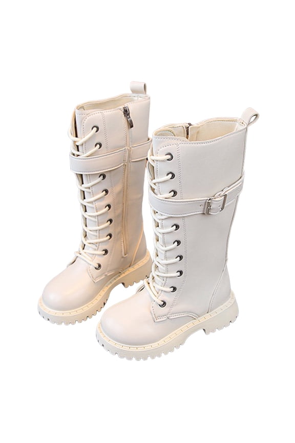 Girls Knee High Combat Boots Trendy Buckle Strappy Lace up Mid Calf Fall Winter Riding Booties
