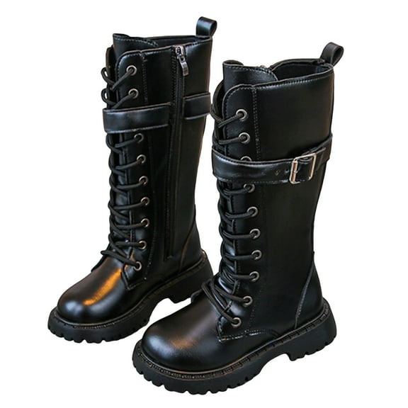 Girls Knee High Combat Boots Trendy Buckle Strappy Lace up Mid Calf Fall Winter Riding Booties