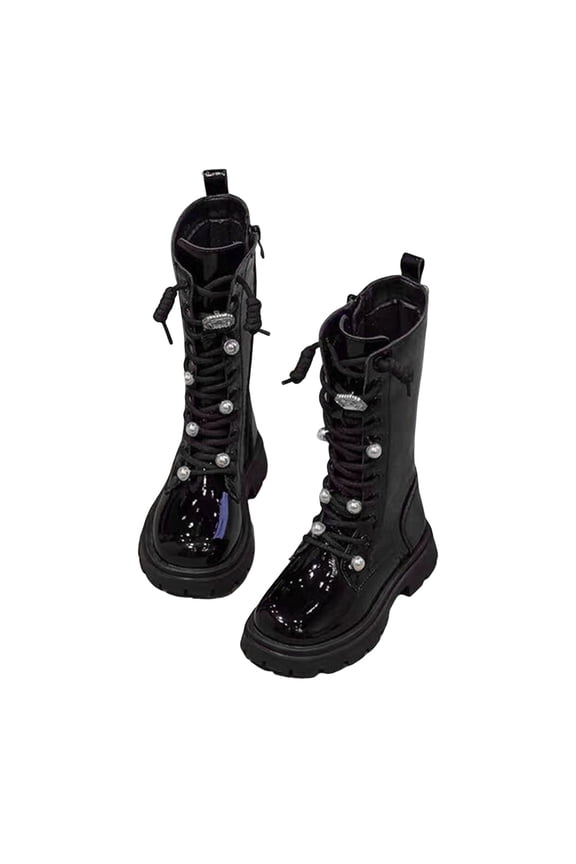 Girls Knee High Combat Boots Winter Plush Lined Pearl Rhinestone Strappy Chunky Lug Sole Cold Weather Tall Riding Booties Black 11 Little Kids