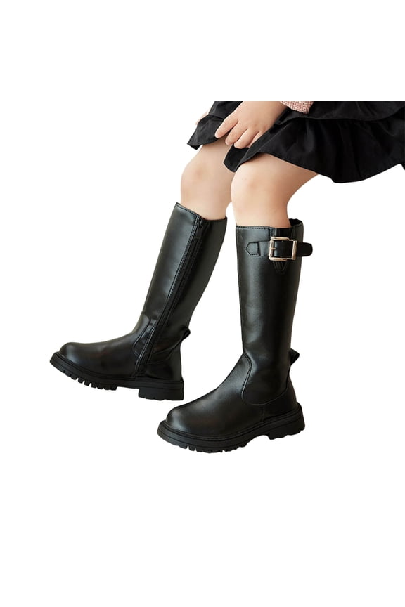 Girls Knee High Motorcycle Boots Fashion Buckle Winter Waterproof Tall Riding Booties Lug Sole Chunky Heel Zipper Dress Long Boots Black 11 Little Kids