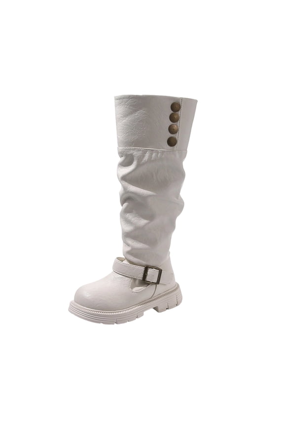 Girls Knee High Riding Boots Faux Leather Upper with Metal Button Decor, Adjustable Buckle Strap, Side Zipper and Non-slip Lug Sole for Fall Daily Wear
