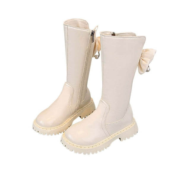 Girls Knee High Riding Boots Glitter Rhinestone Bowknot Side Zipper Tall Fall Boots Chunky Lug Sole Kids Long Boots Beige 2 Big Kids