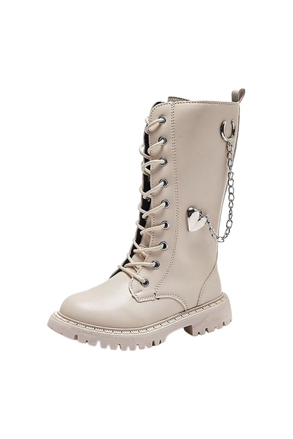 Girls Knee High Riding Boots Kids Side Zipper Mid Calf Motocycle Booties Fashion Metal Chain Combat Boots