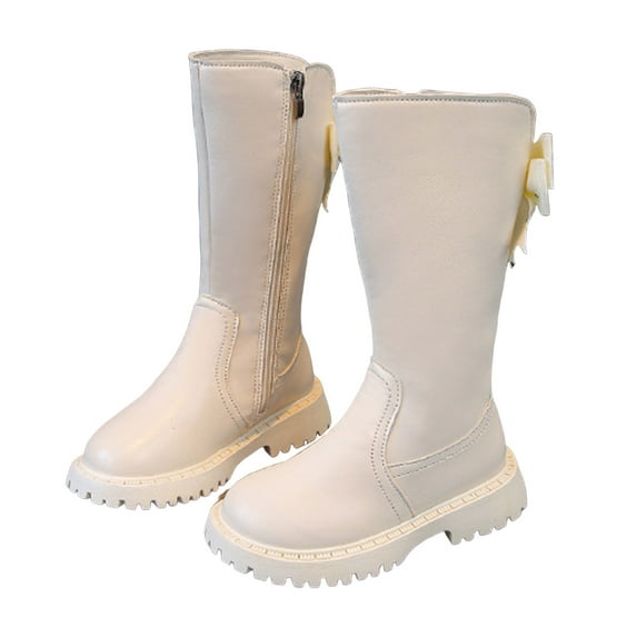 Girls Knee High Riding Boots Splice Leather Cute Bowknot Side Zipper Tall Fall Boots Chunky Lug Sole Kids Long Boots Beige 9 Toddler