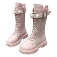 thumbnail image 1 of Girls Knee High Riding Boots Trendy Pearl Buckle Strap Chunky Lug Sole Lace up Zipper Mid Calf Long Combat Booties Pink 3 Big Kids, 1 of 5