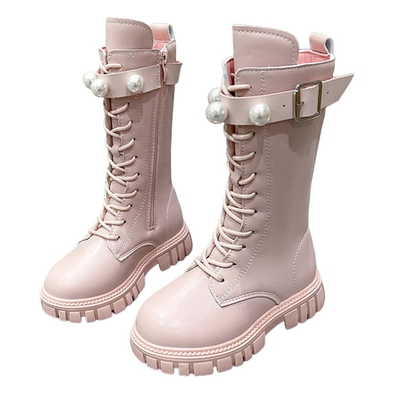 Girls Knee High Riding Boots Trendy Pearl Buckle Strap Chunky Lug Sole Lace up Zipper Mid Calf Long Combat Booties Pink 3 Big Kids