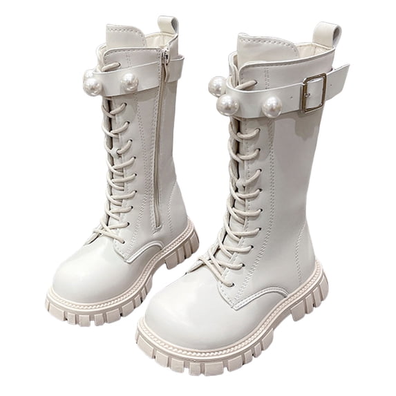 Girls Knee High Riding Boots Trendy Pearl Buckle Strap Chunky Lug Sole Lace up Zipper Mid Calf Long Combat Booties White 2 Big Kids