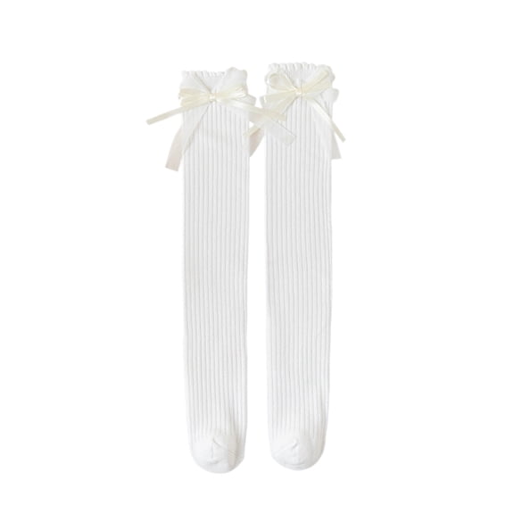 Girls Knee High Socks, Classic Ribbed Design with Pretty Bow Accents, Perfect for School Uniforms, Dresses and Princess Costume Look Occasion OutfitsWhite