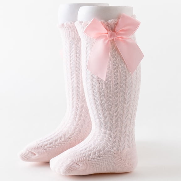 Girls Knee-High Socks Cotton Cute Bowknot Over the Calf Stockings 0-2 Years Toddlers Kids Solid Breathable Hollow-Out Long Boot Sock