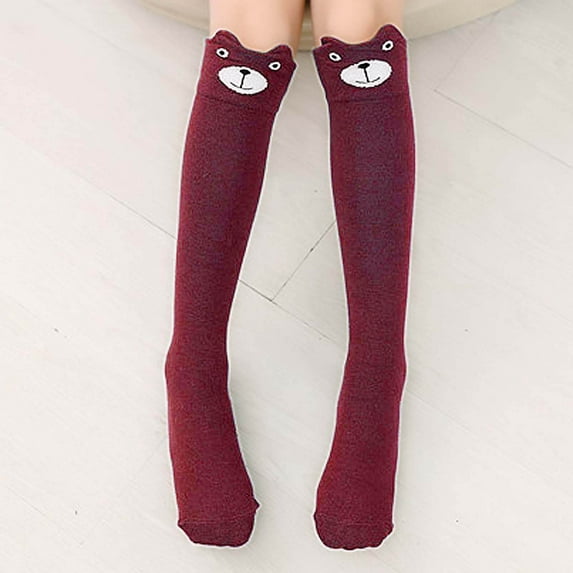 Girls Knee High Socks Cute Animal Fun Socks (Wine 3-12 years)