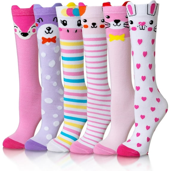 Girls Knee High Socks Kids Crazy Fun Gift Silly Tall Boot Cute Animal Cotton Long Socks 6 Pairs
