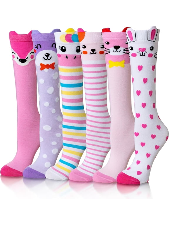 Girls Knee High Socks Kids Crazy Fun Gift Silly Tall Boot Cute Animal Cotton Long Socks 6 Pairs