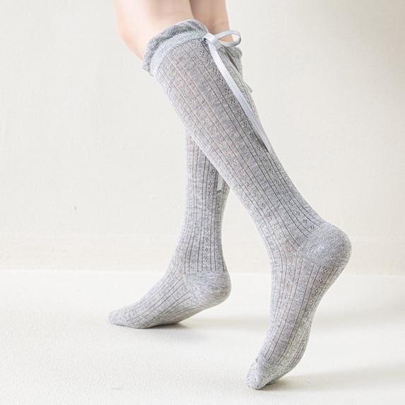 Girls Knee High Socks Lightweight Knitting Stocking Ruffle Crew Solid Color Long Socks Cut Bow Kids Toddler Dress Sock
