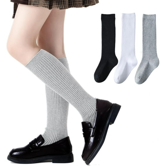 Girls Knee High Socks Seamless Cotton School Uniform Socks Ribbed Knee Socks Kids Boy Over the Calf Socks