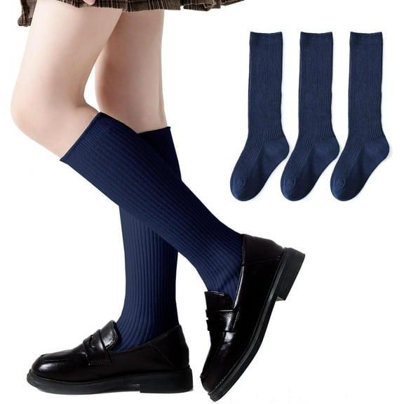 Girls Knee High Socks Seamless Cotton School Uniform Socks Ribbed Knee Socks Kids Boy Over the Calf Socks