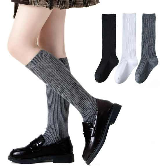 Girls Knee High Socks Seamless Cotton School Uniform Socks Ribbed Knee Socks Kids Boy Over the Calf Socks