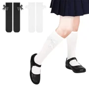 HYCLES Girls Knee High Socks With Bows - Cotton School Uniform Long Socks for 4-12 Years, 2 Pairs