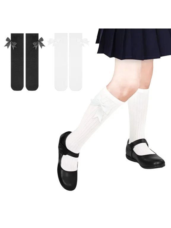 Girls Knee High Socks With Bows - Cotton School Uniform Long Socks for 4-12 Years, 2 Pairs