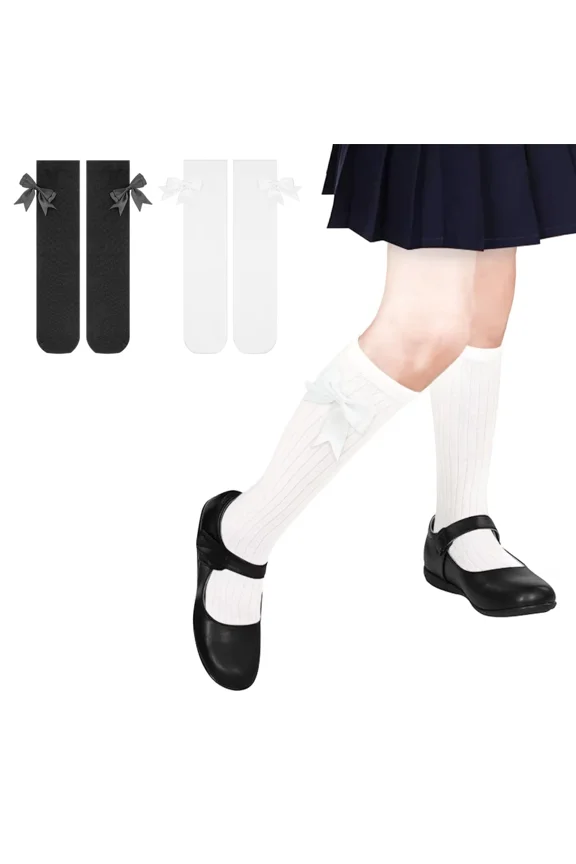 Girls Knee High Socks With Bows - Cotton School Uniform Long Socks for 4-12 Years, 2 Pairs
